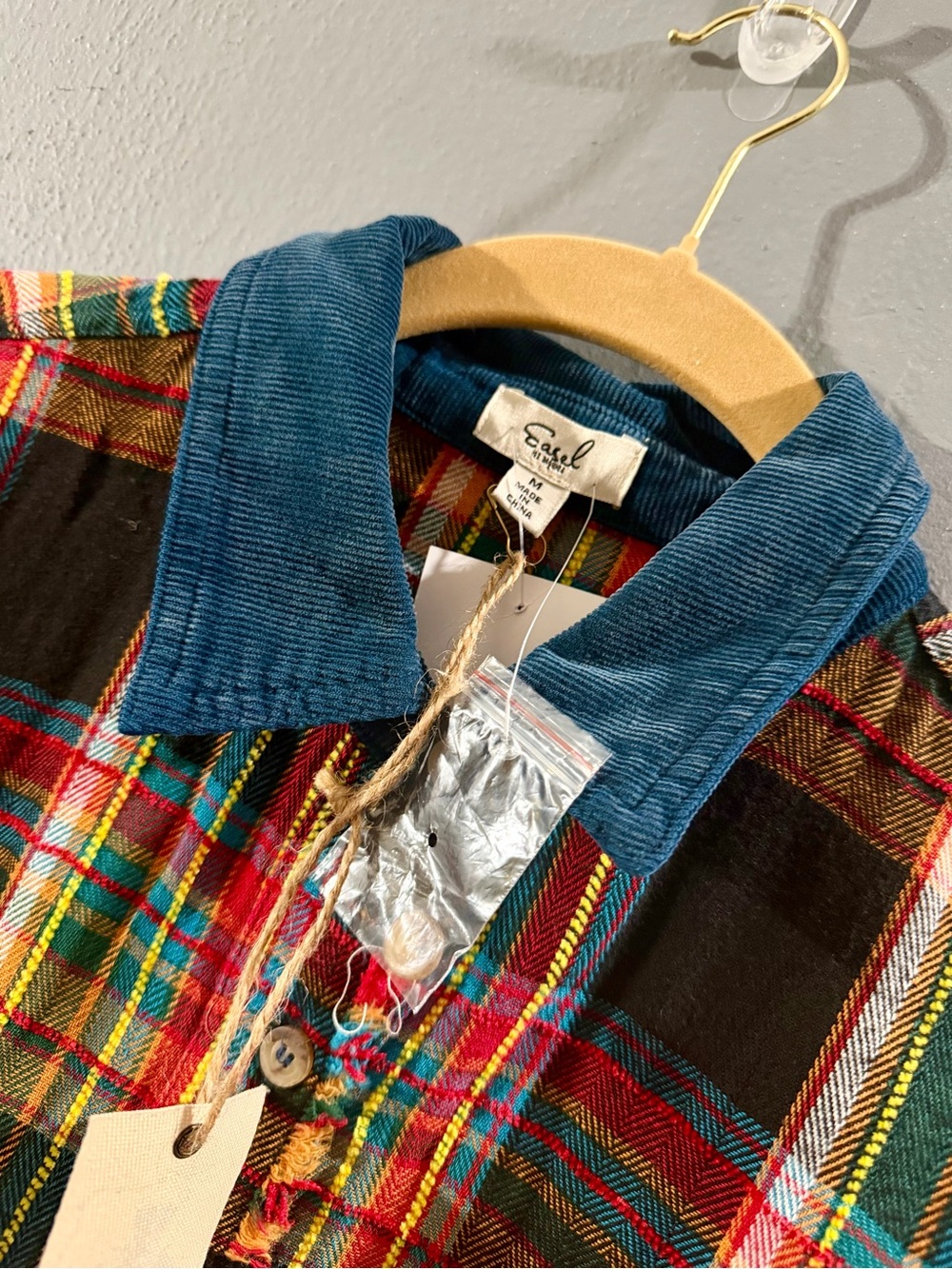 easel Multicolor Plaid Button-Down Shacket with Blue Corduroy Trim - Picture 5 of 10